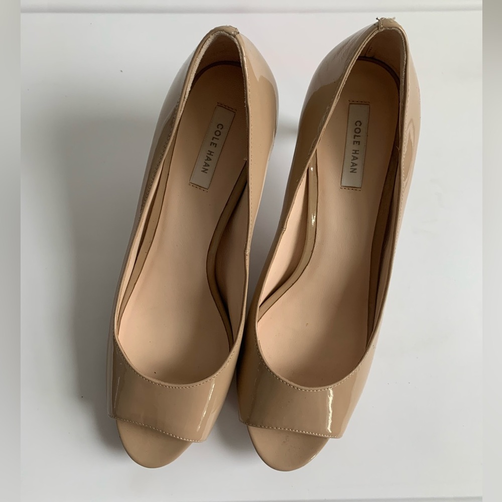 Cole Haan Patent Leather Peep Toe Nude Heels